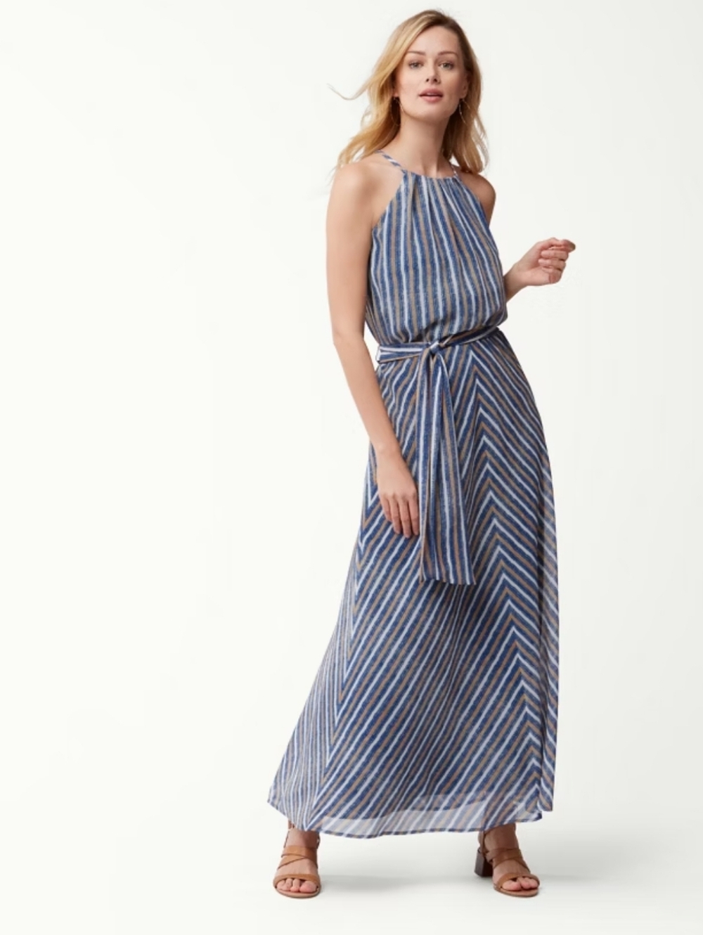 Tommy Bahama Navy Cream And Tan Striped Halter Maxi Dress with Waist Tie Sz M